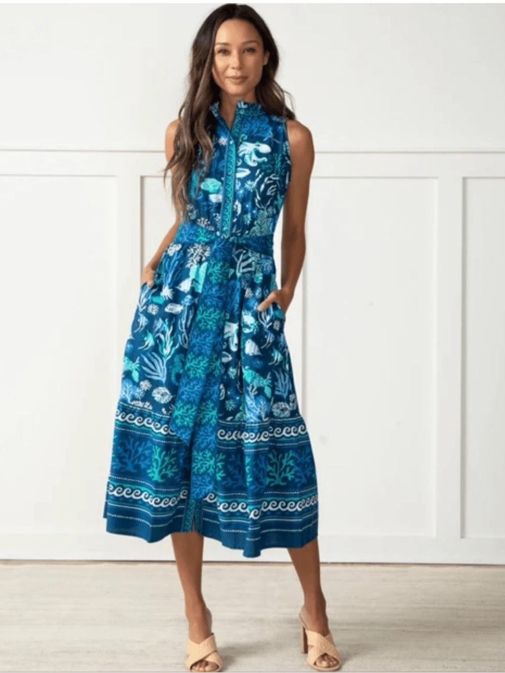 Printfresh Oceania Coast to Coast Organic Cotton Sleeveless Midi Dress Size M